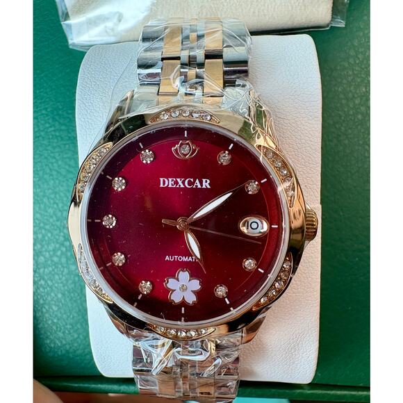 NWT Stunning 2-Toned Moissanite Self-Wind Watch w/ Red Face - Picture 3 of 11